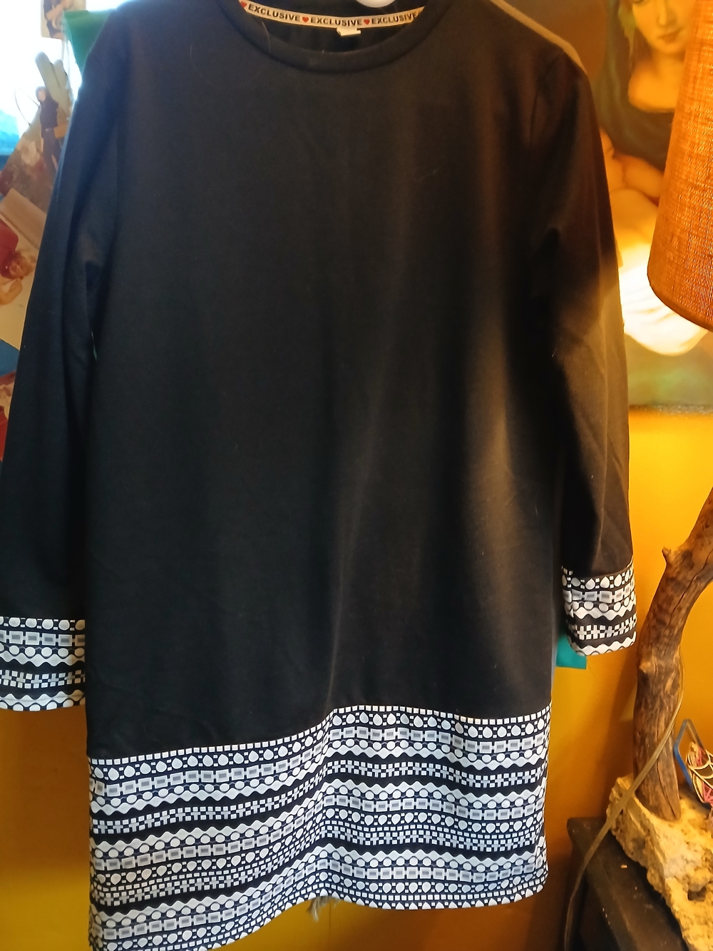 Black Shift Dress with Geometric Trim